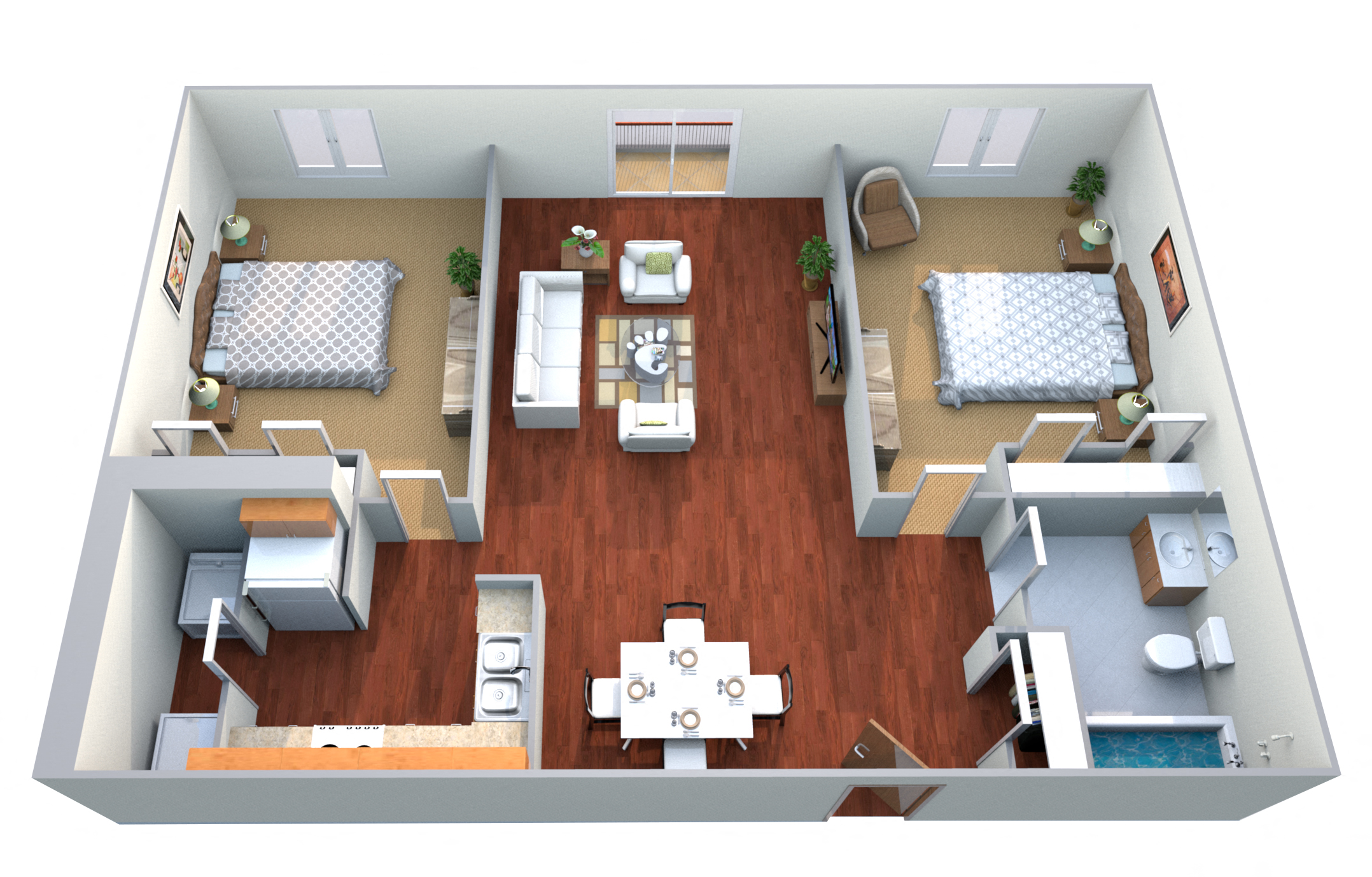 Floor plan for 2 beds, 1 bath, 858 sqft